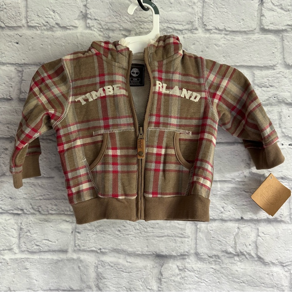 NEW WITH TAGS TIMBERLAND PLAID TAN RED ZIP FRONT BOYS JACKET SIZE 12 MONTHS